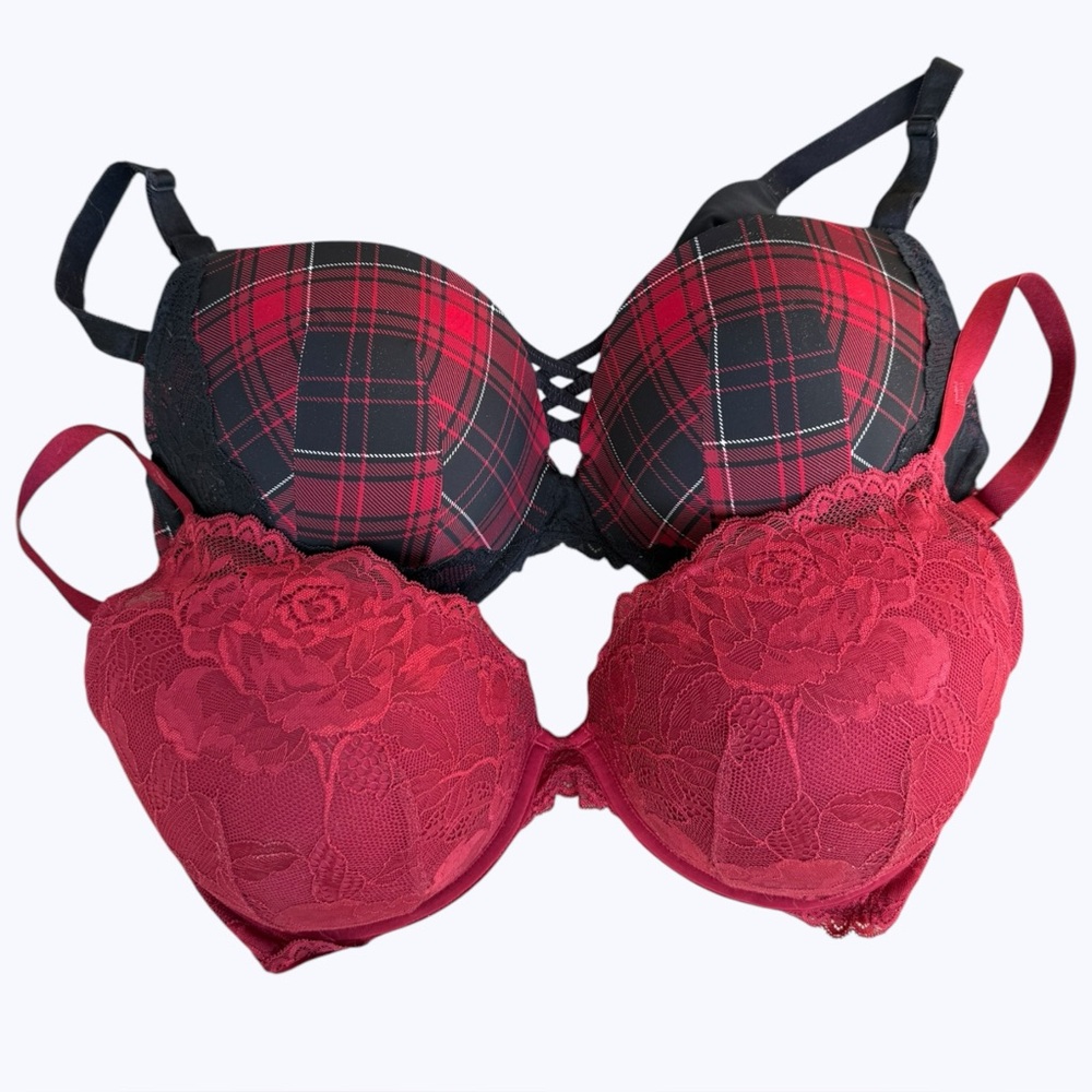 (2) Torrid 42D Push Up Plunge Bra Red Plaid & Lace w/ Accenting Lace Straps